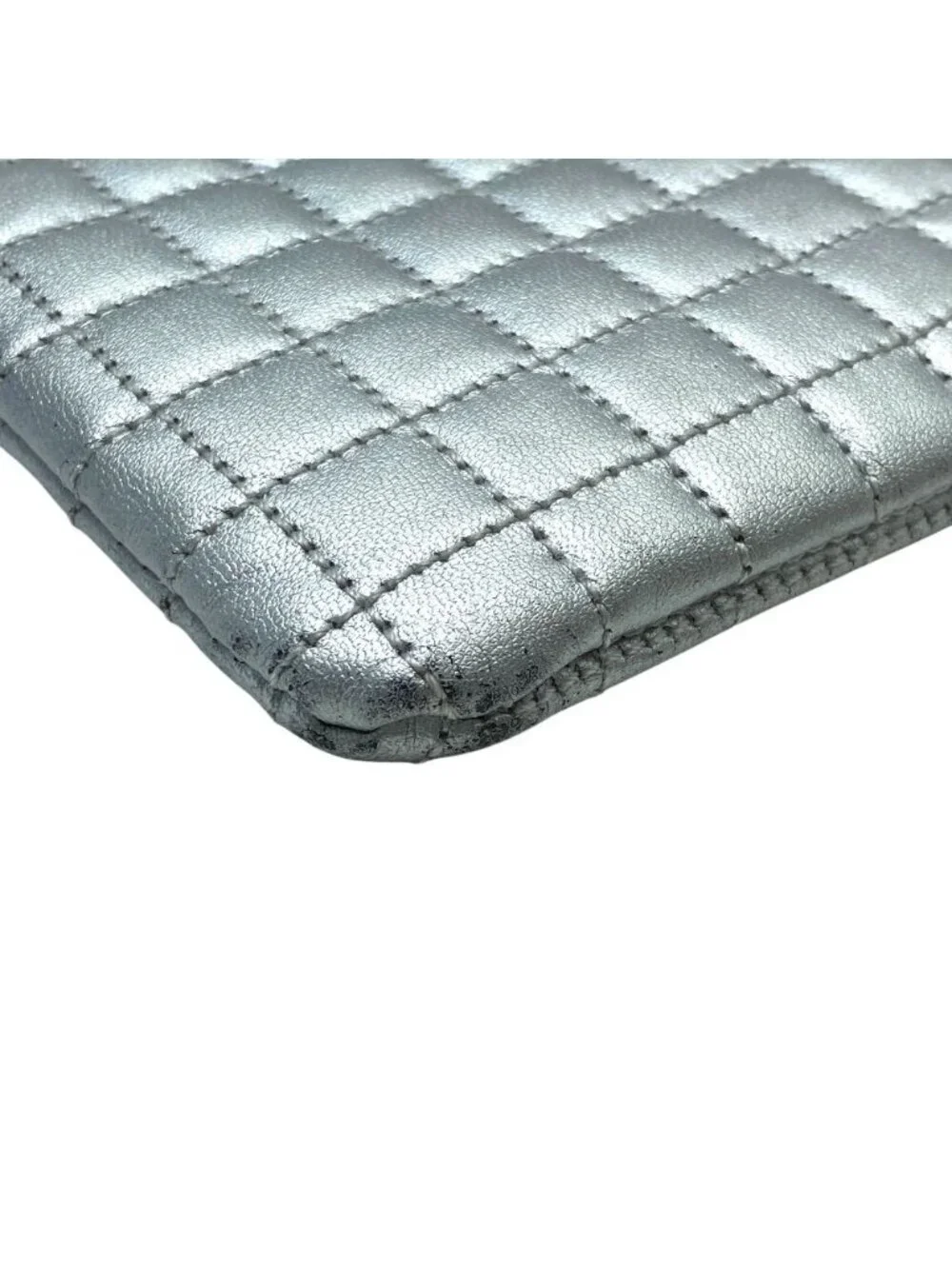 Celine C Charm Clutch Pouch Quilted Leather Silver Lightweight Capacity